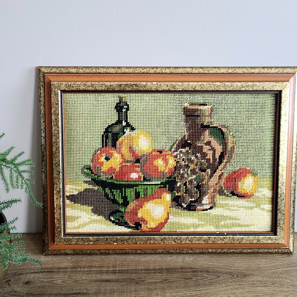 Vintage handmade framed still life needlepoint embroidery with fruits vegetables